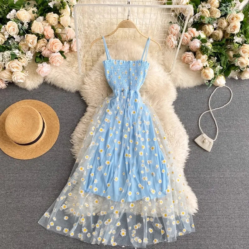 Women Floral Mesh Dress Spaghetti Strap Party Beach Vacation Dress 2026