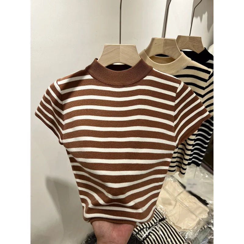 Women Half Turtleneck Striped Knit Top Slim Fit Short Sleeve Sweater