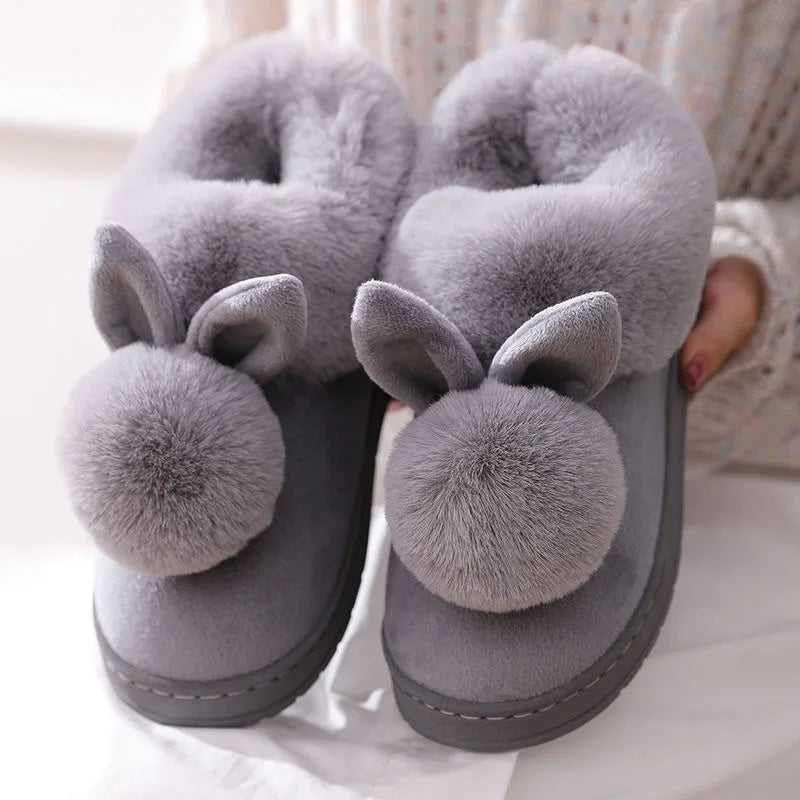 Winter Plush Slippers Thick Sole Couple Indoor Faux Rabbit Fur Closed Back House Shoes
