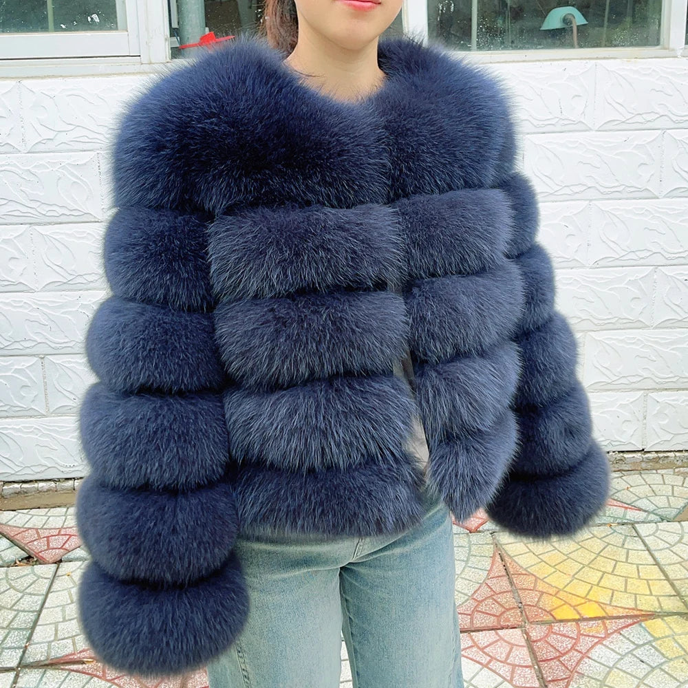 Women Real Fox Fur Winter Coat Brown Leather Jacket