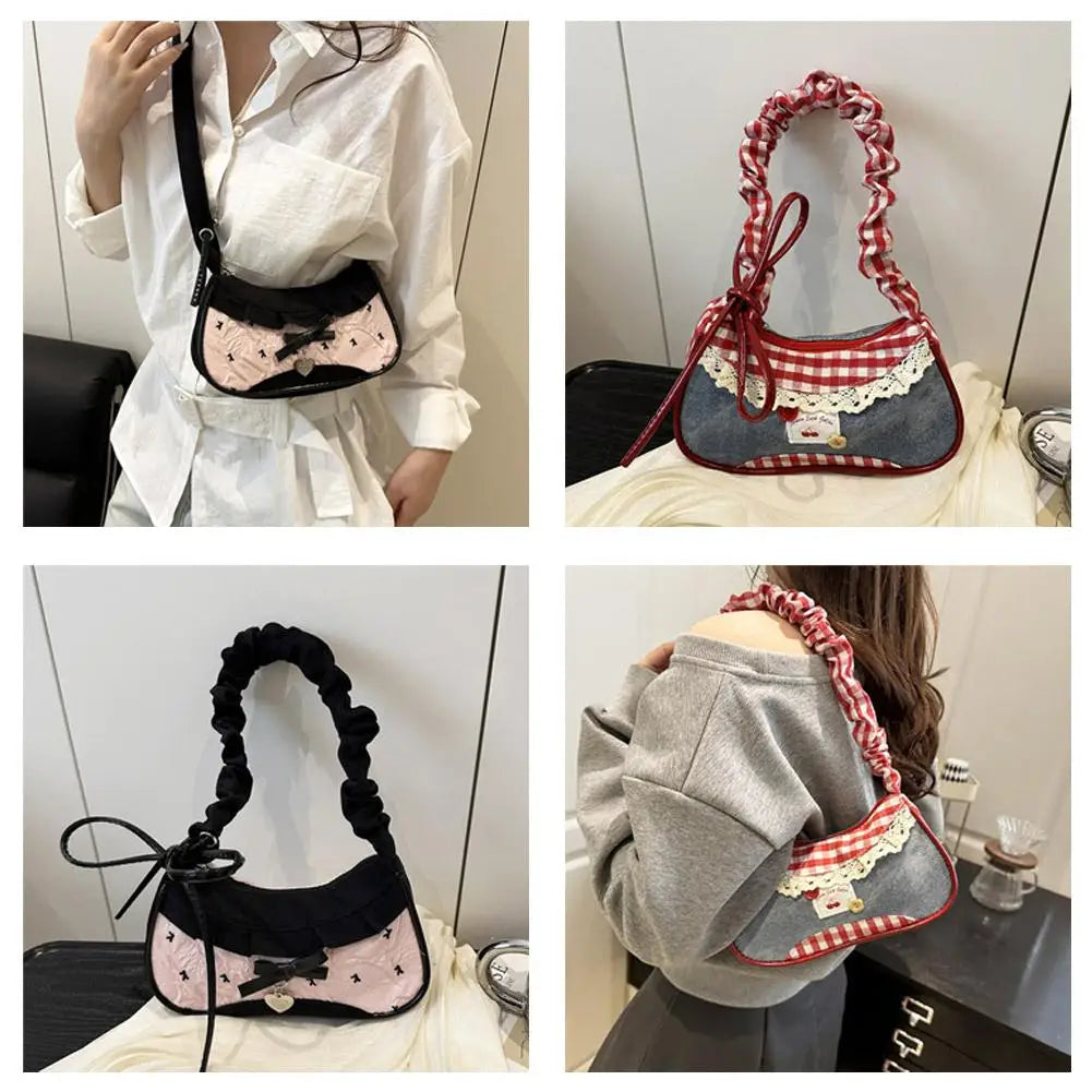 Women Mini Grid Crossbody Bag Adjustable Shoulder Underarm Handbag