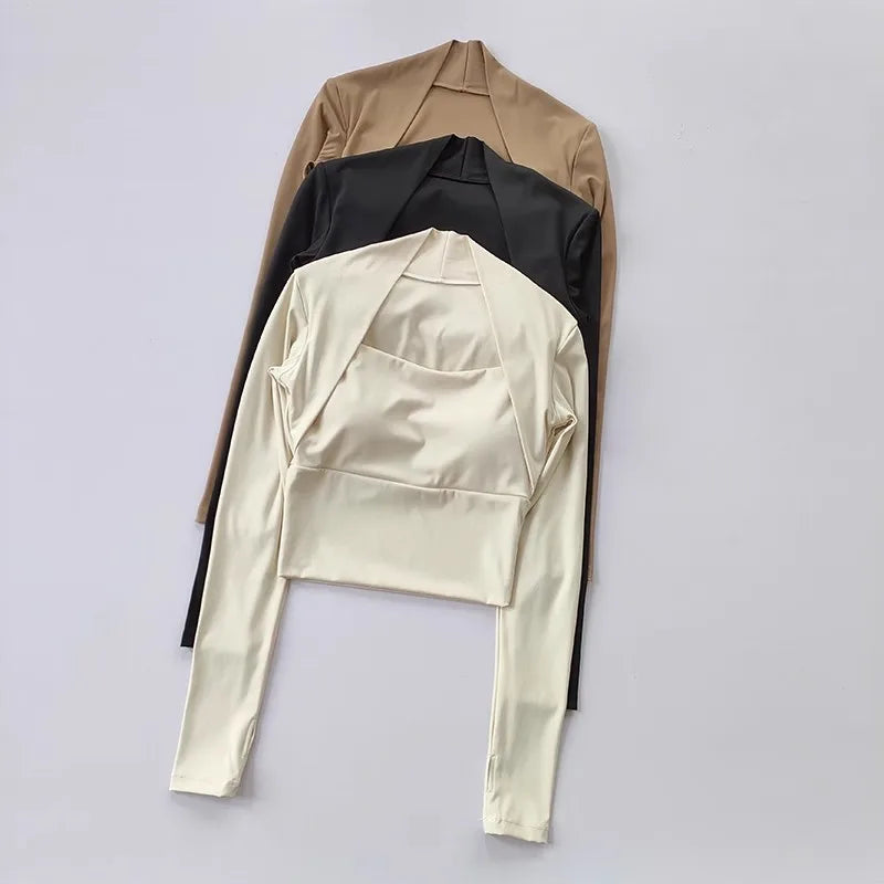 Women Long Sleeve Yoga Top with Chest Support Quick Dry Sportswear Shawl Style