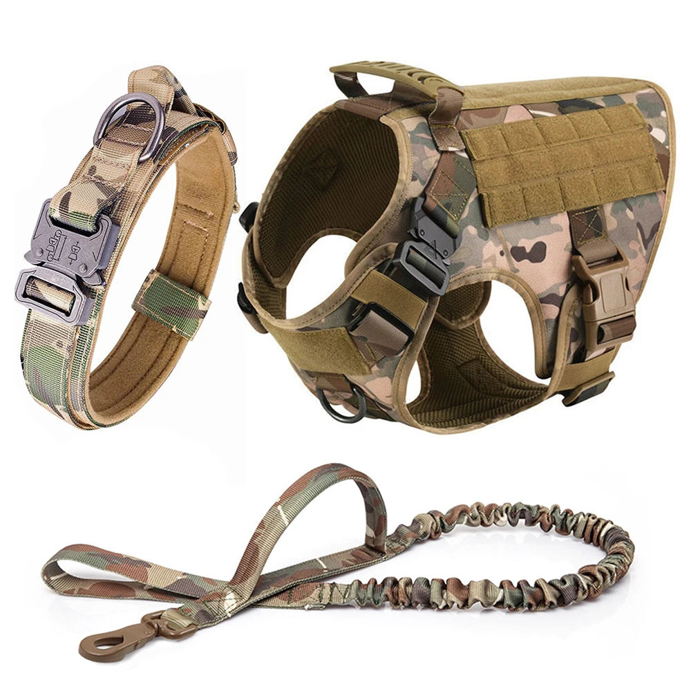 Large Dog Harness Collar Leash Set with Molle Pouches for Training Walking