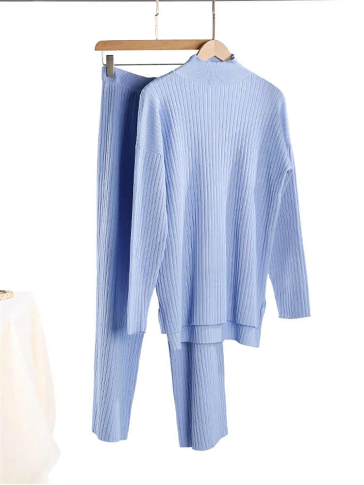 Women Knitted Two Piece Set Turtleneck Sweater and Straight Jogger Pants Winter Tracksuit