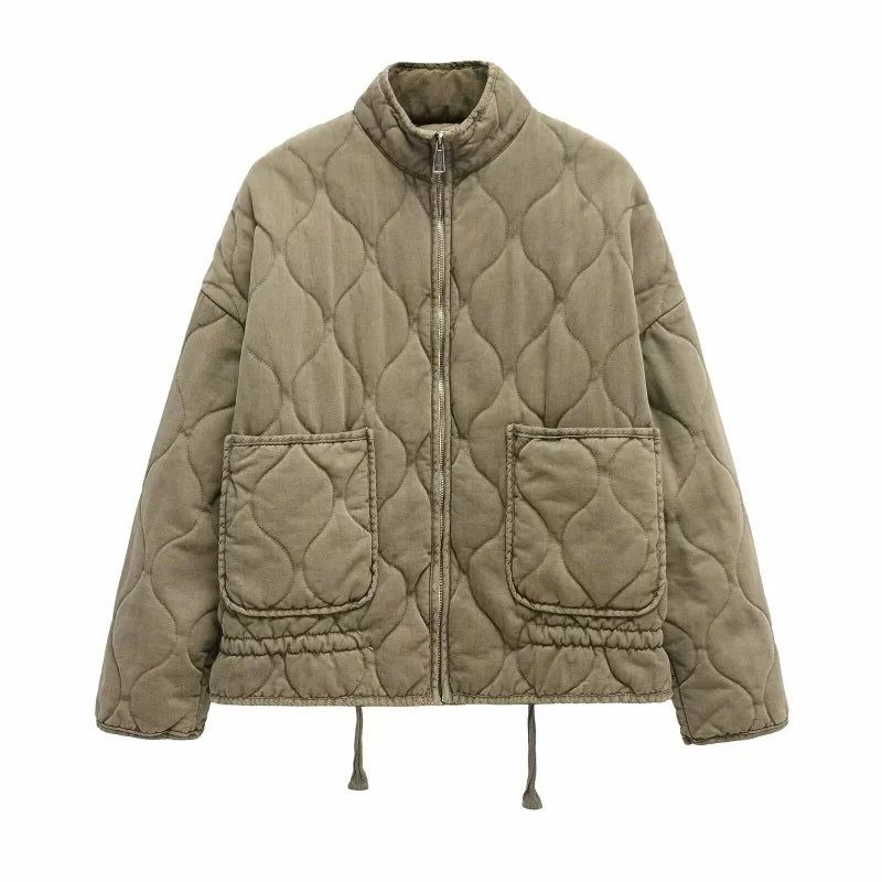Women Quilted Padded Jacket High Collar Large Pocket Vintage Winter Coat