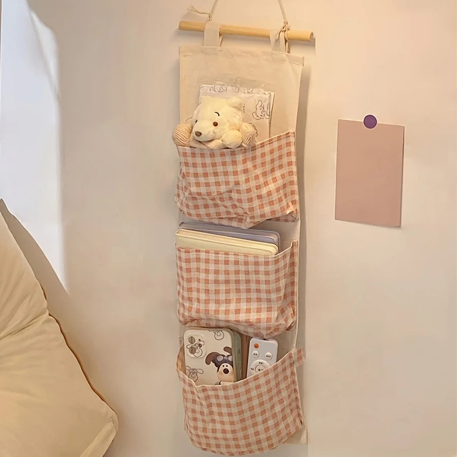 Wall Mounted Canvas Storage Bag Pink Bedroom Organizer for Books Jewelry Items