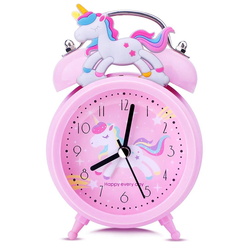 Cute Unicorn Alarm Clock Kids Double Bell Desk Clock with Backlight Cartoon Pink Bedroom Decor Gift