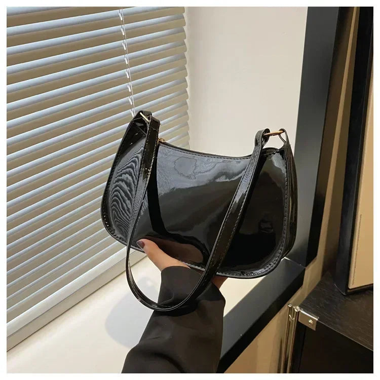 Women Patent Leather Shoulder Bag Fashion Zipper Handbag Style Commuter Bag