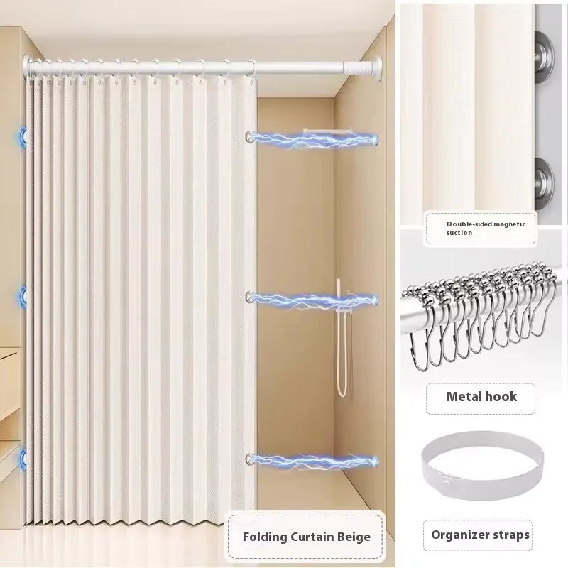 Magnetic Foldable Shower Curtain Linen Waterproof Walk In Bath Curtain