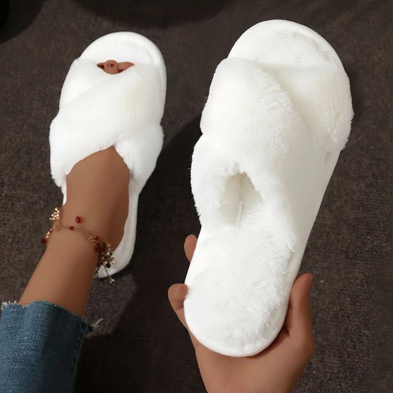 Fluffy Cross Strap Slippers Women Cozy Fur Slides Anti Slip Indoor Plush Winter Home Sandals
