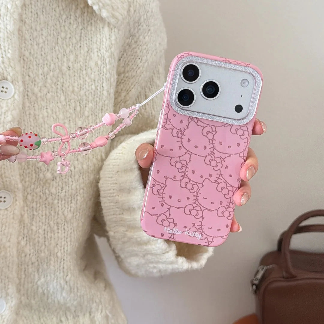 Full Screen Pink Lines Hello Kitty Glitter iPhone Case