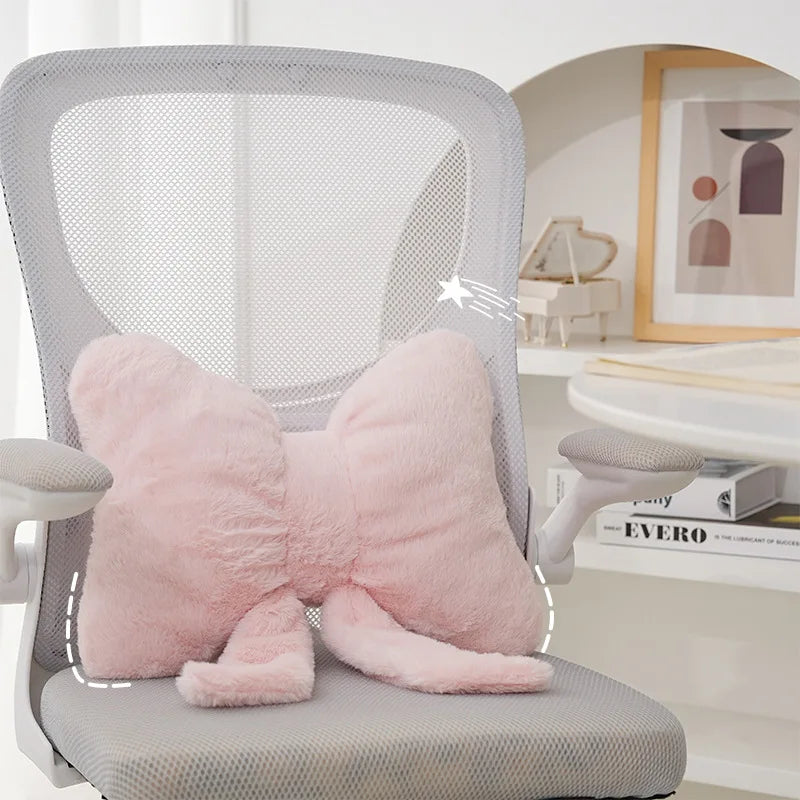 Pink Bow Faux Rabbit Fur Cushion Pillow for Sofa Car Seat Decor