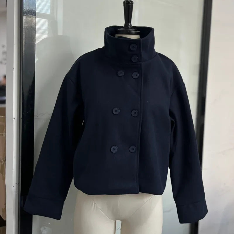 Women Stand Collar Wool Blend Jacket Loose Zip Up Coat