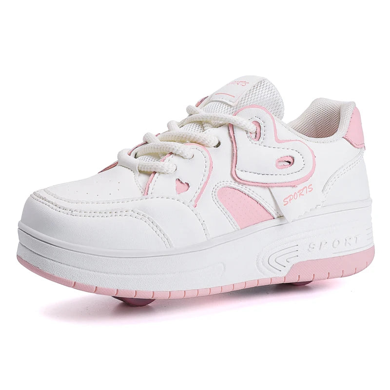 Girls Retractable Two Wheel Roller Skate Shoes Lace Up Breathable Outdoor Sneakers