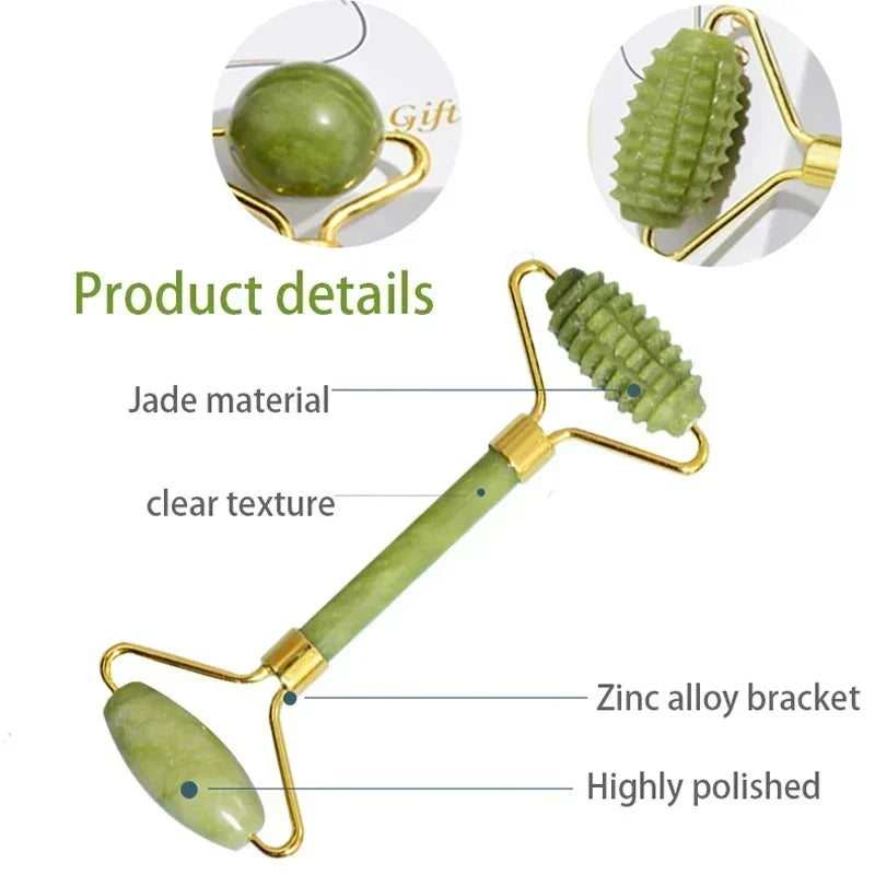 Natural Jade Roller Gua Sha Face Neck Massager Stone Spa Lifting Tool Set