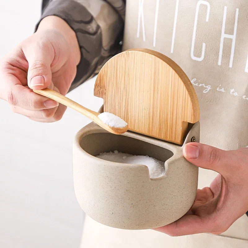Ceramic Seasoning Jar with Bamboo Lid Spoon Salt Sugar Spice Storage Container