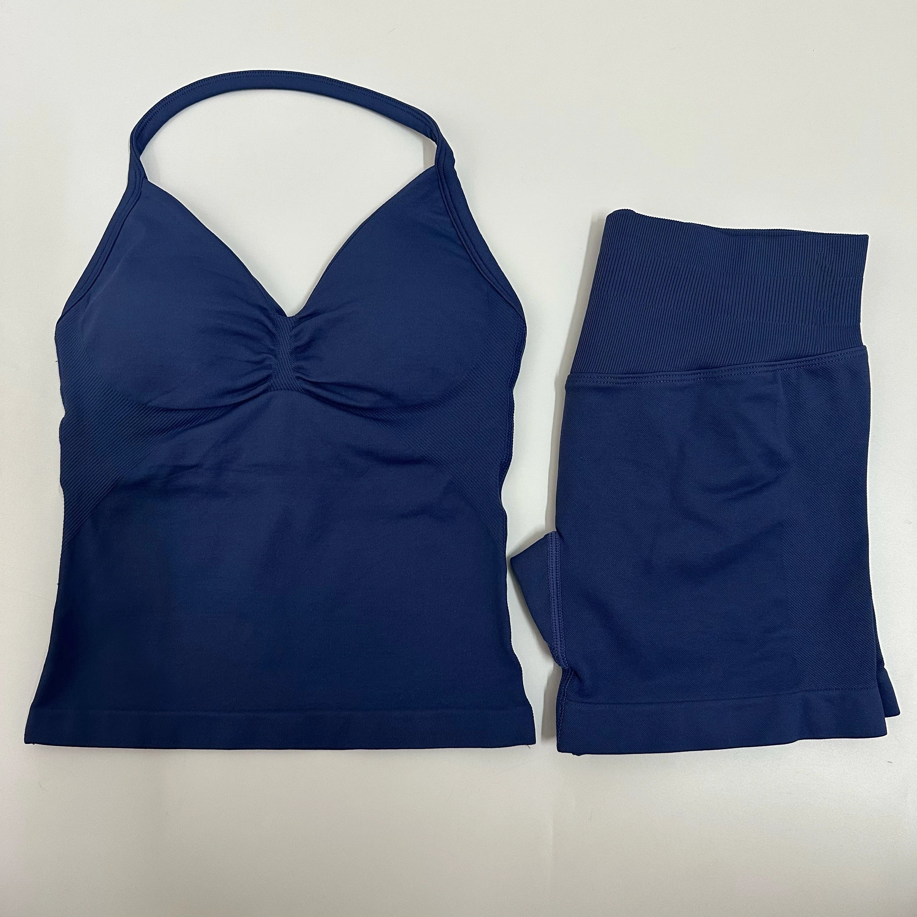 Seamless Yoga Set Women Strappy Tank Top Scrunch Shorts Gym Workout Outfit