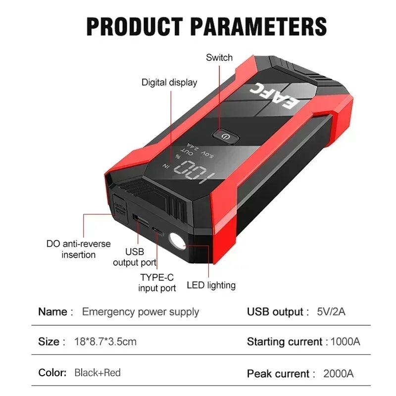 Portable Car Jump Starter 600A 12V – Emergency Battery Booster Power Bank for Petrol & Diesel Cars