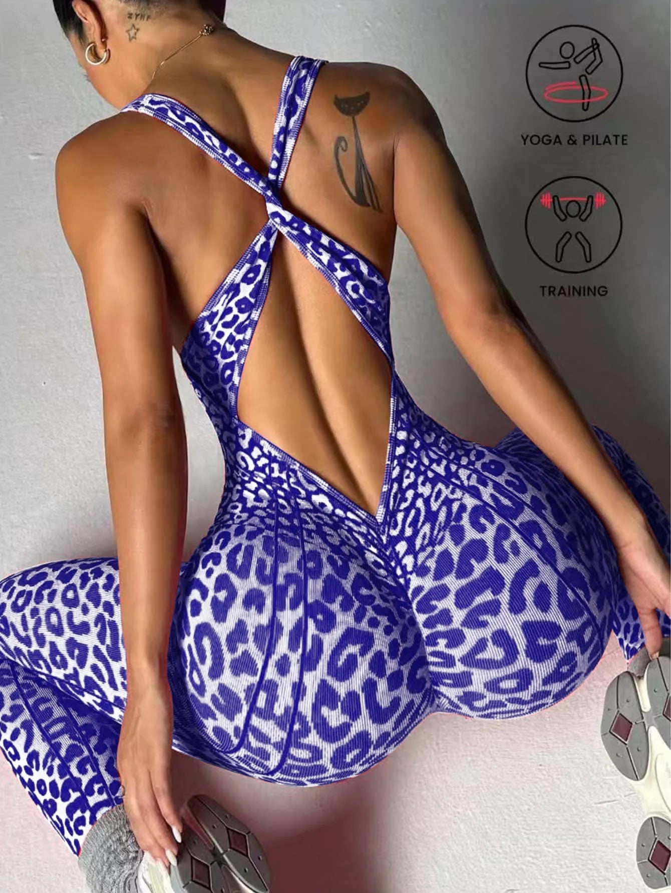 Leopard Print Yoga Jumpsuit Women Open Back Gym Bodysuit V Neck Slim Fit Fitness One Piece
