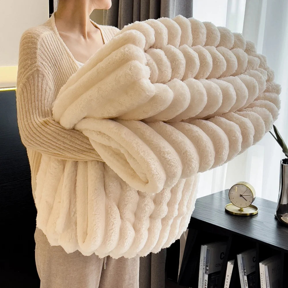 Soft Fluffy Throw Blanket 250GSM Warm Striped Bed Blanket for Winter