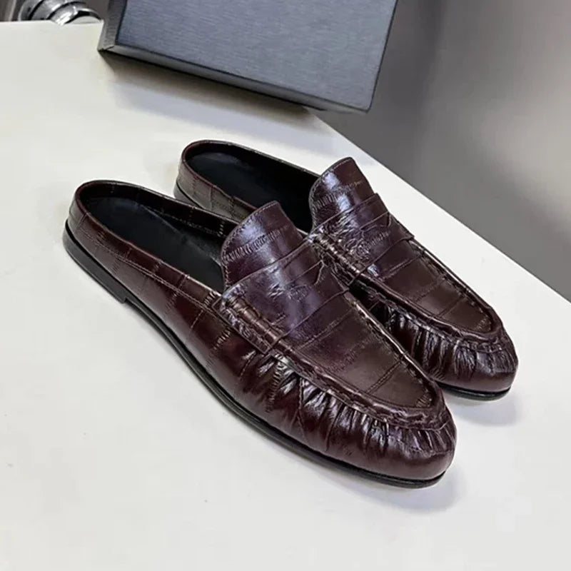 Women Leather Mules French Style Slip On Flat Slides Casual Plus Size 34-43 2026