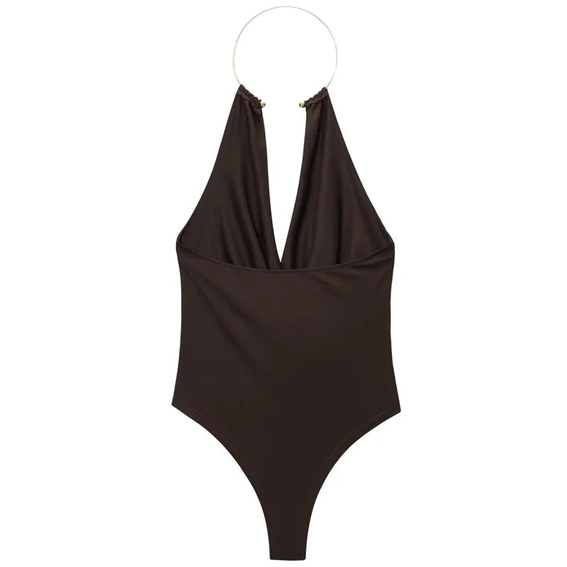 Women Halter Bodysuit Open Back Sleeveless Summer Slim Fit Top