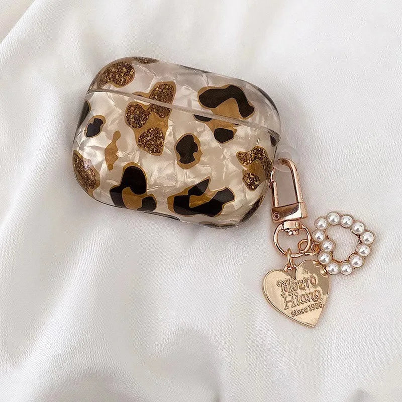 AirPods 1/2/3/Pro Pearl Leopard Case with Charm Luxury Protective Cover Shockproof Sleeve