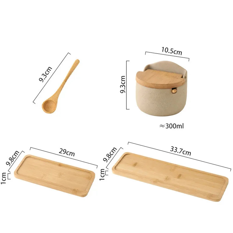 Ceramic Seasoning Jar with Bamboo Lid Spoon Salt Sugar Spice Storage Container