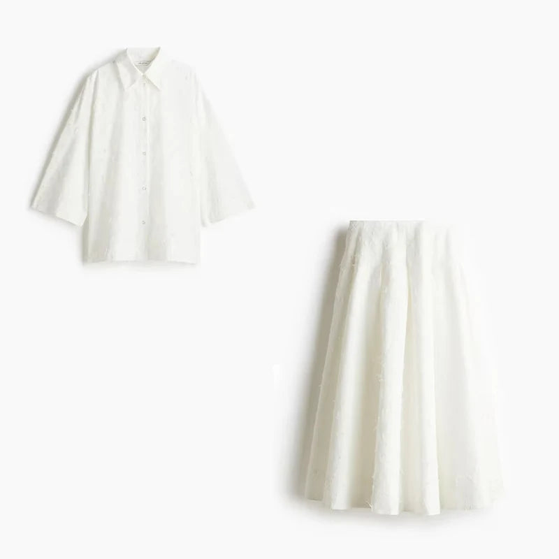 Women Pleated Skirt Set Long Sleeve Shirt and Maxi Skirt Outfit