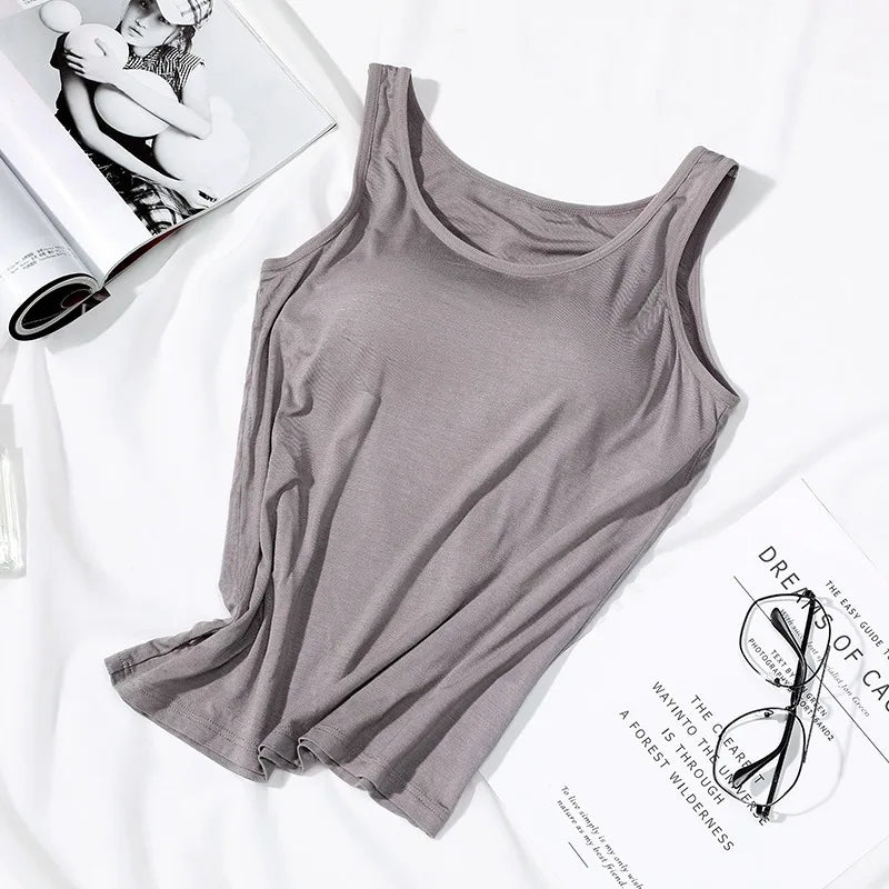 Women’s Padded Tank Top with Built In Bra Slim Fit Solid Color Vest