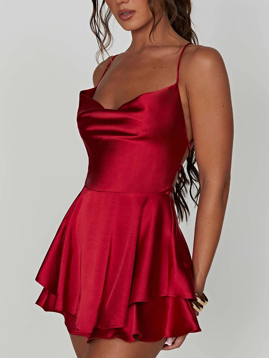 Women Satin Silk Cami Playsuit Cowl Neck Backless Sleeveless Summer Romper
