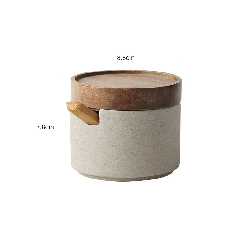 Ceramic Seasoning Jar with Bamboo Lid Spoon Japanese Spice Container Kitchen Storage