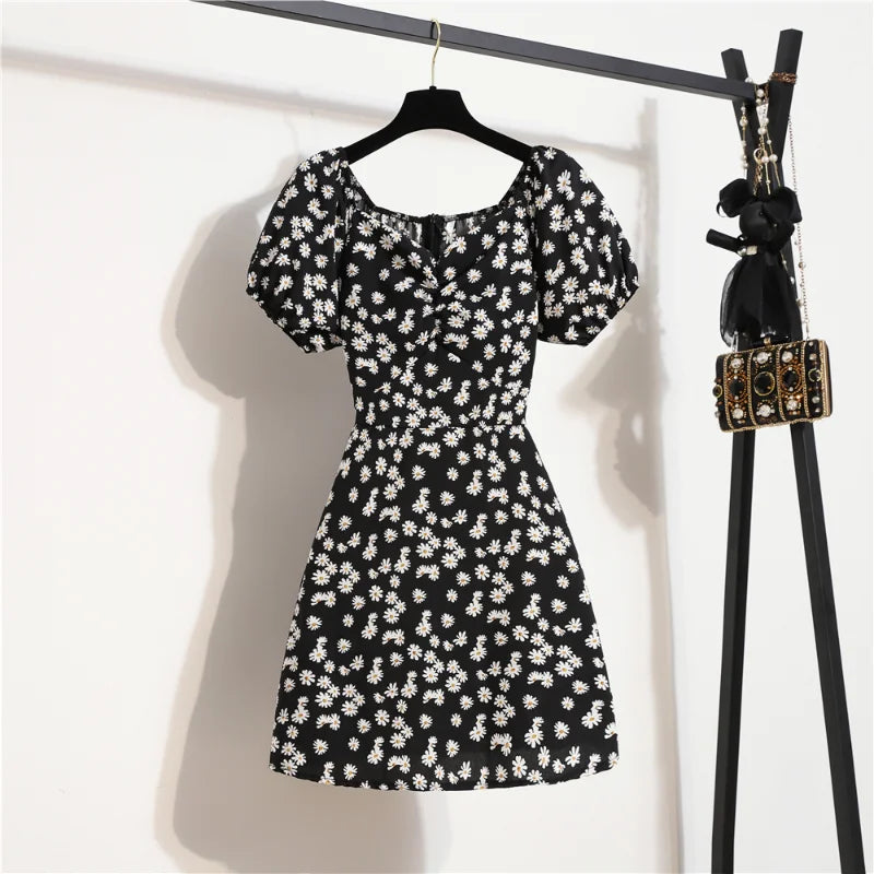 Women’s Floral Chiffon Mini Dress Summer Puff Sleeve Shirred Casual Dress