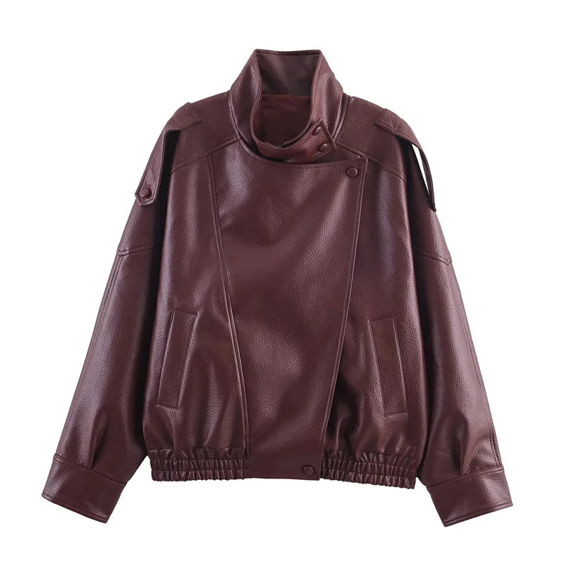 Women Black Faux Leather Jacket Long Sleeve Motorcycle Style Fall Fashion Coat