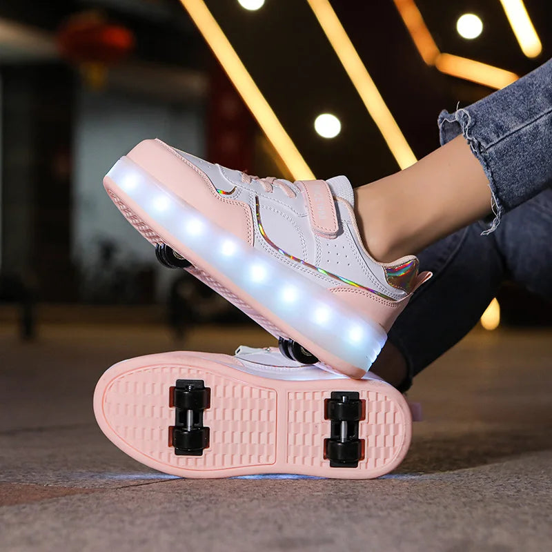 Kids LED Roller Skate Shoes Flashing 4 Wheel Light Up Sneakers