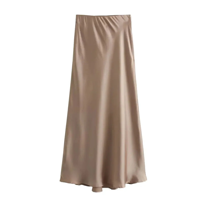 Women High Waist Satin Midi Skirt Elegant Office Summer Skirt