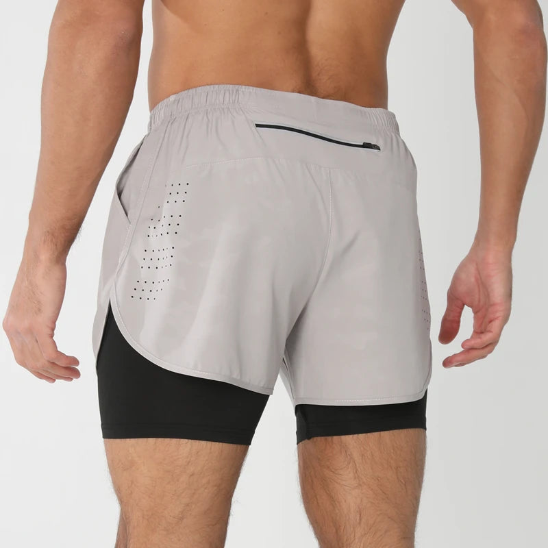 Men 2-in-1 Double Layer Running Shorts Quick Dry Gym Fitness Training Shorts