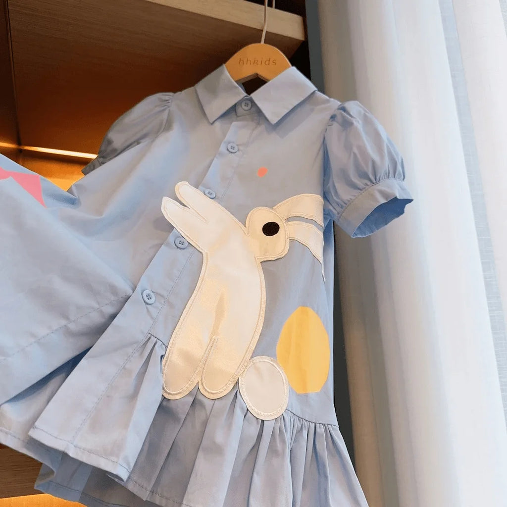 Girls Rabbit Puff Sleeve Cotton Dress Summer Turn Down Collar Princess Outfit