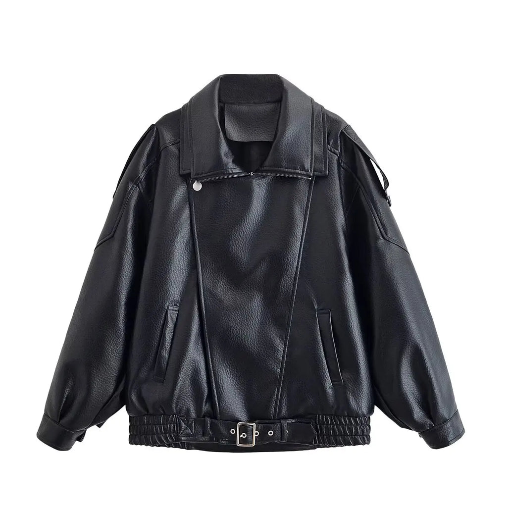 Women Faux Leather Zip Up Jacket Casual Long Sleeve PU Coat Streetwear