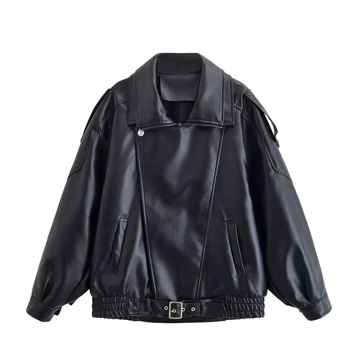 Women Faux Leather Zip Up Jacket Casual Long Sleeve PU Coat Streetwear