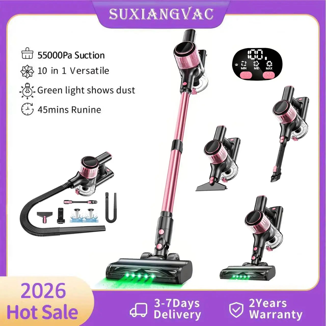 Cordless Stick Vacuum Cleaner 500W 55Kpa 45min Powerful for Pet Hair Carpet