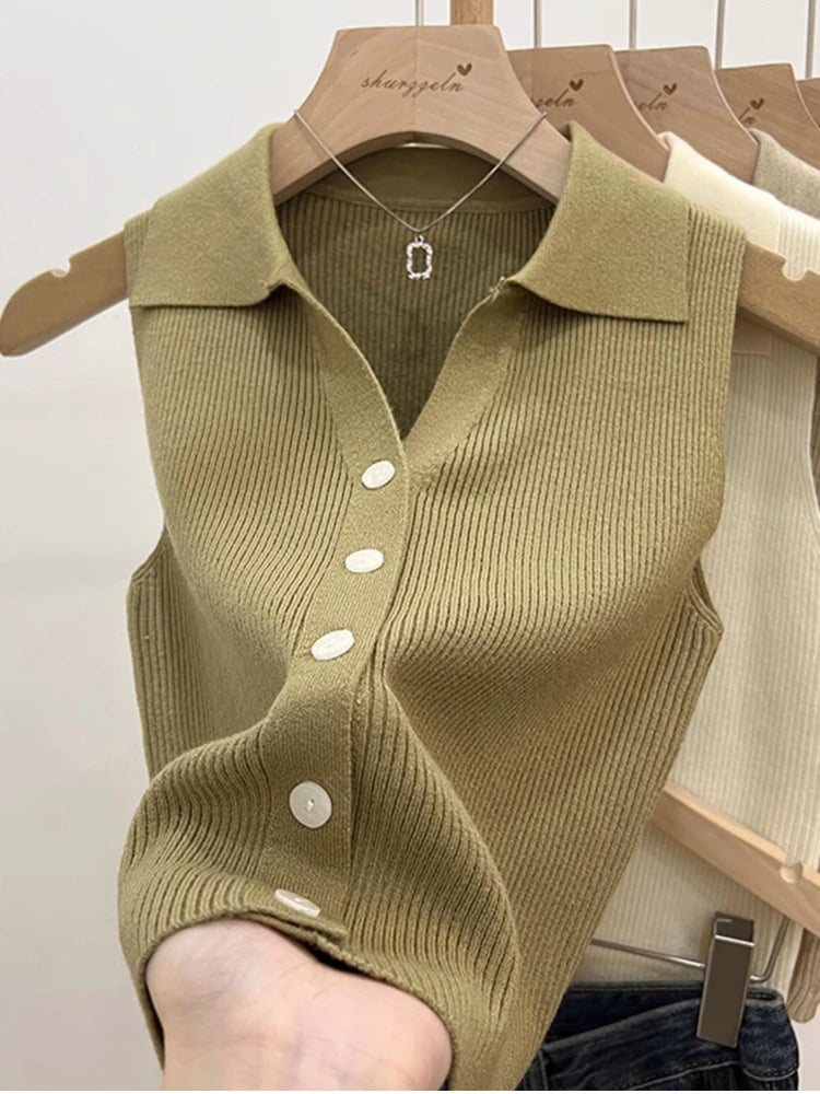 Women Sleeveless Knitted Cardigan Solid Color Vest Sweater