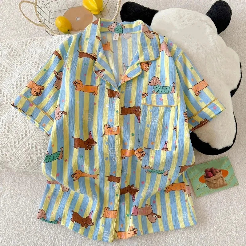 Women Kawaii Dog Print Pajama Set Y2K Lapel Neck Cute Homewear Summer