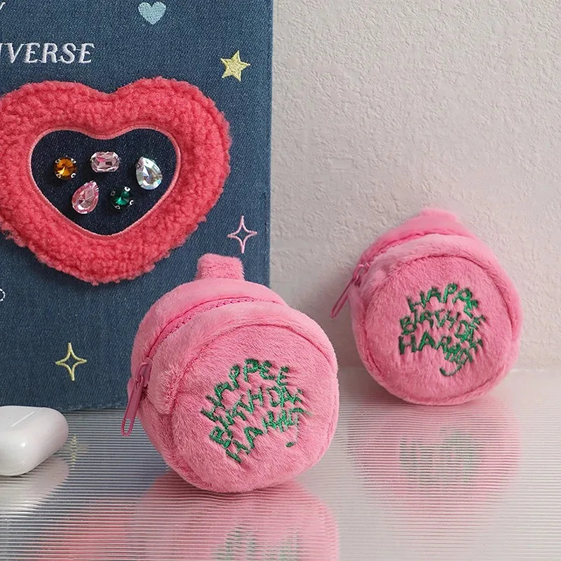 Pink Plush Coin Purse Kawaii Earphone Storage Pouch