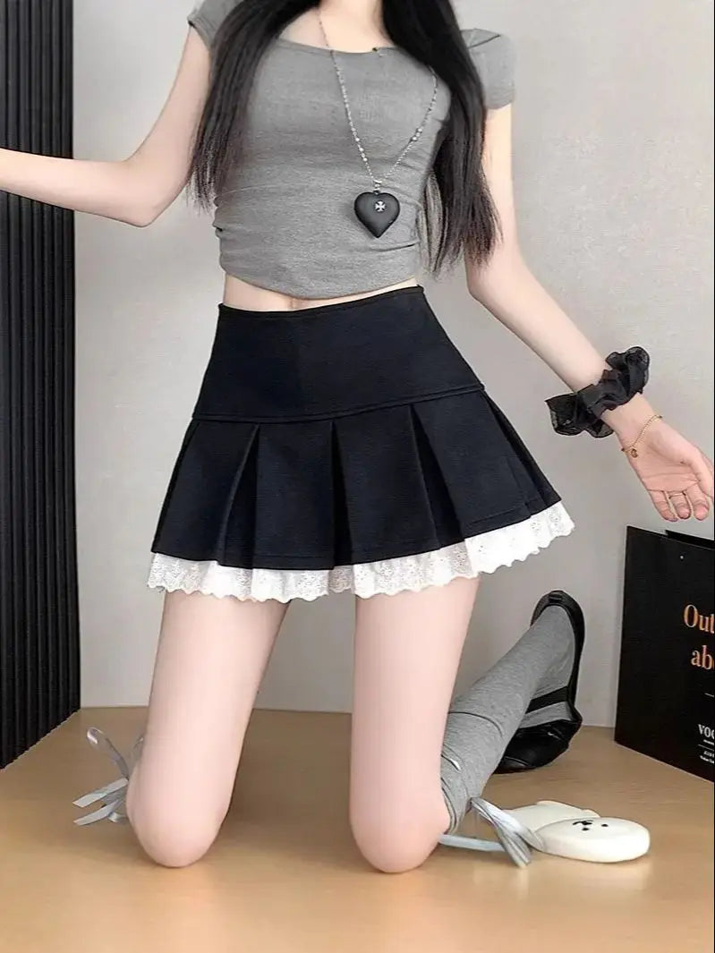 Floral Edge Lace Pleated Skirt A-Line Fashion Versatile Women Skirt New Style