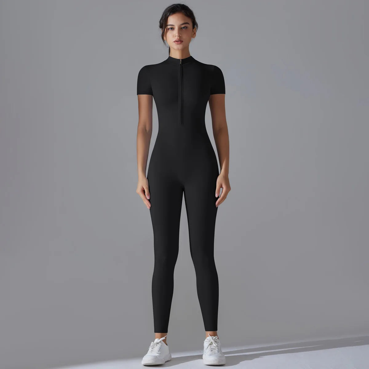 Women Zip Short Sleeve Yoga Jumpsuit Fitness Suit