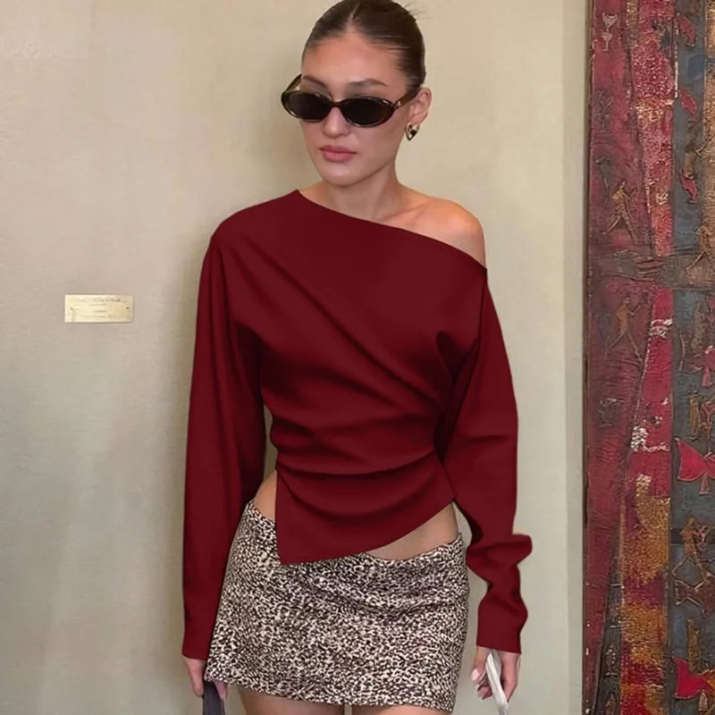 Women Slim Fit Long Sleeve Slit Top Strapless Pleated Party Streetwear