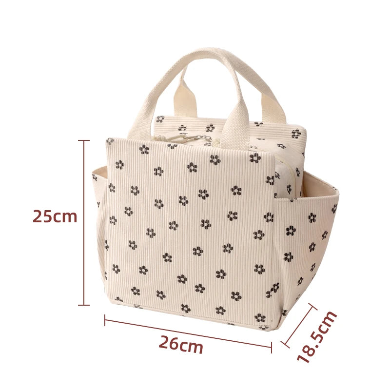 Corduroy Thermal Insulated Lunch Bag Multifunctional Storage Handbag Picnic Cooler Bag