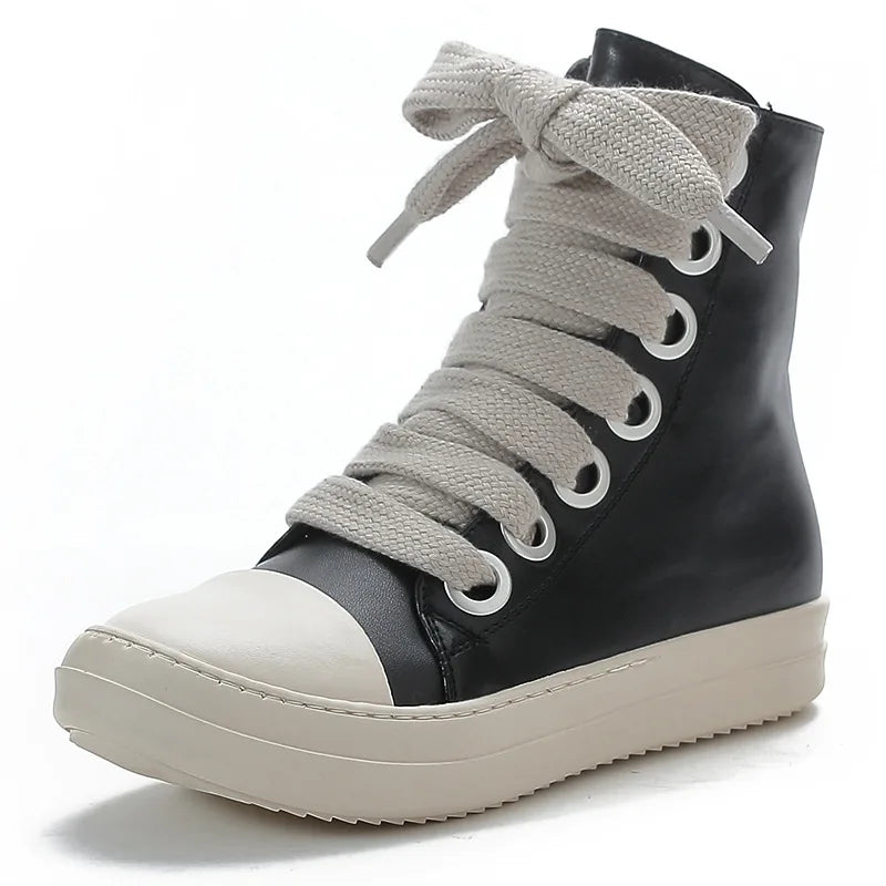 Unisex Black Leather Platform Sneakers Lace Up Zipper Casual Thick Sole Shoes 2025