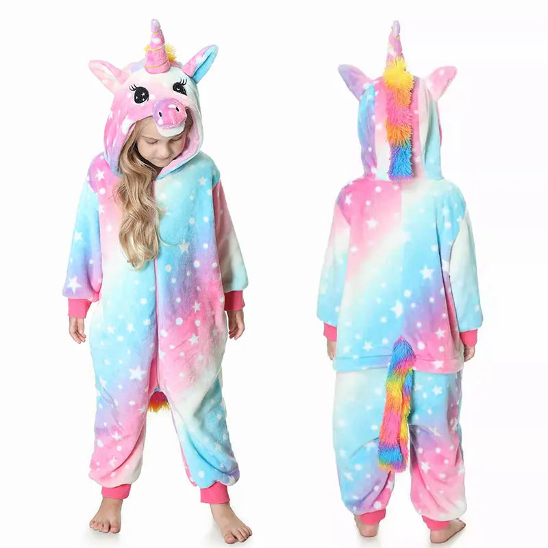 Kids Unicorn Animal Flannel Hooded Onesie Pajamas Warm Sleepwear Costume